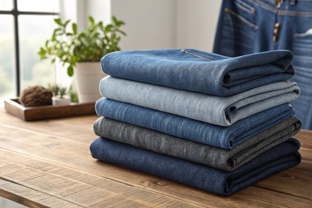 Stack of cotton denim fabric showing blue shades and twill weave texture