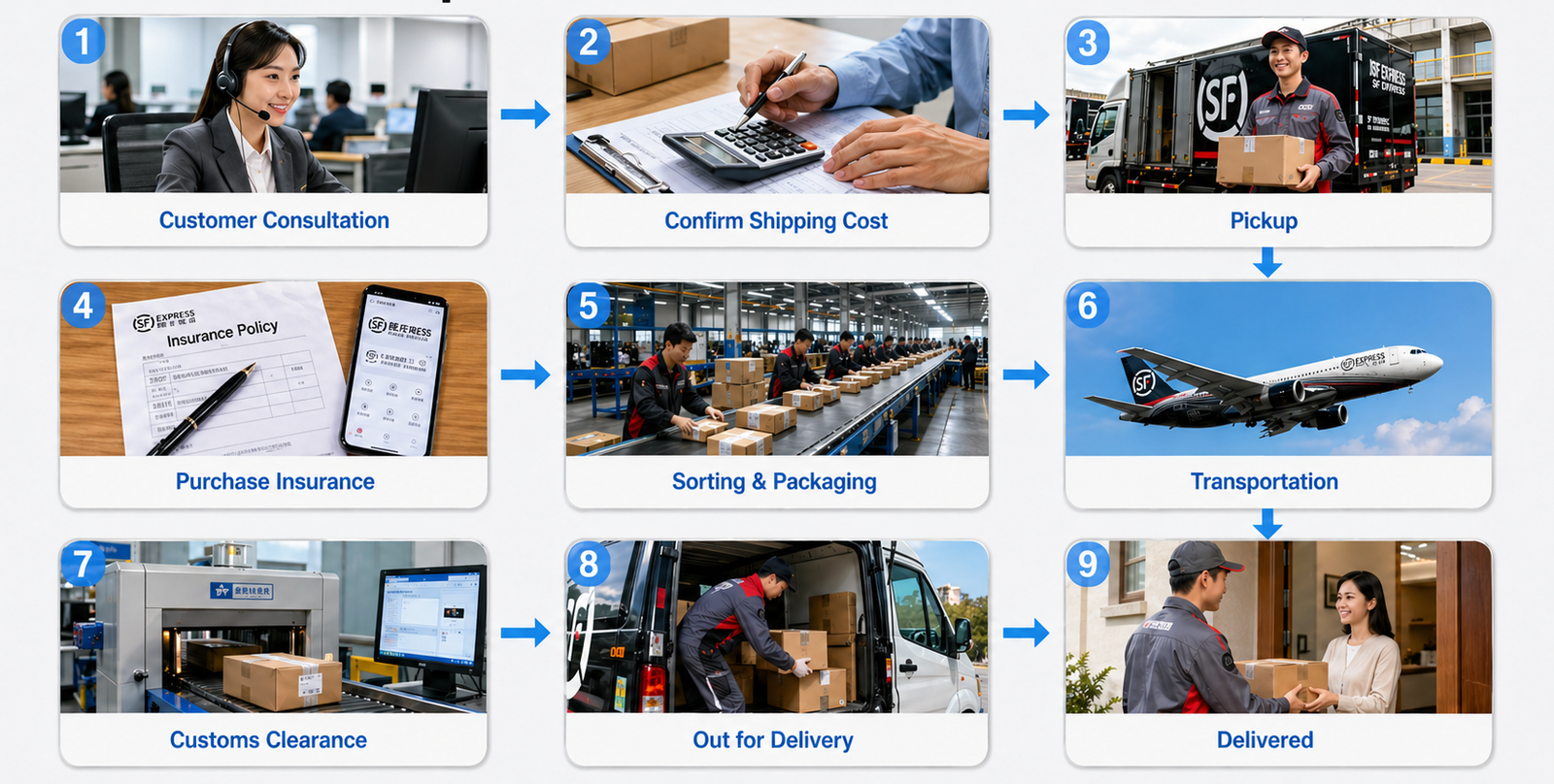 Express delivery process from China with step-by-step logistics workflow